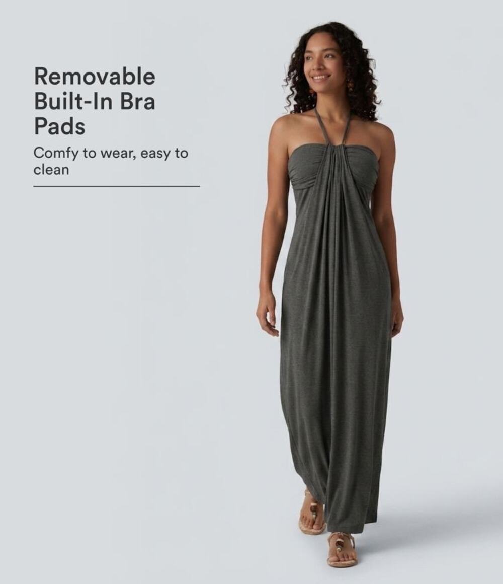 Halara L Regular Gray Halter Tie Back Built-in Bra Pocket Maxi Resort Dress NWT
